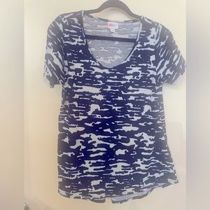 LuLaRoe t shirt blue, white, and black. Lightly worn